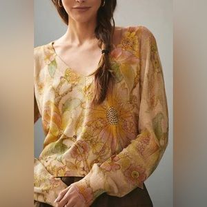 Anthropologie The Dreamer Printed V-Neck Sweater Top  Knit Floral Mod